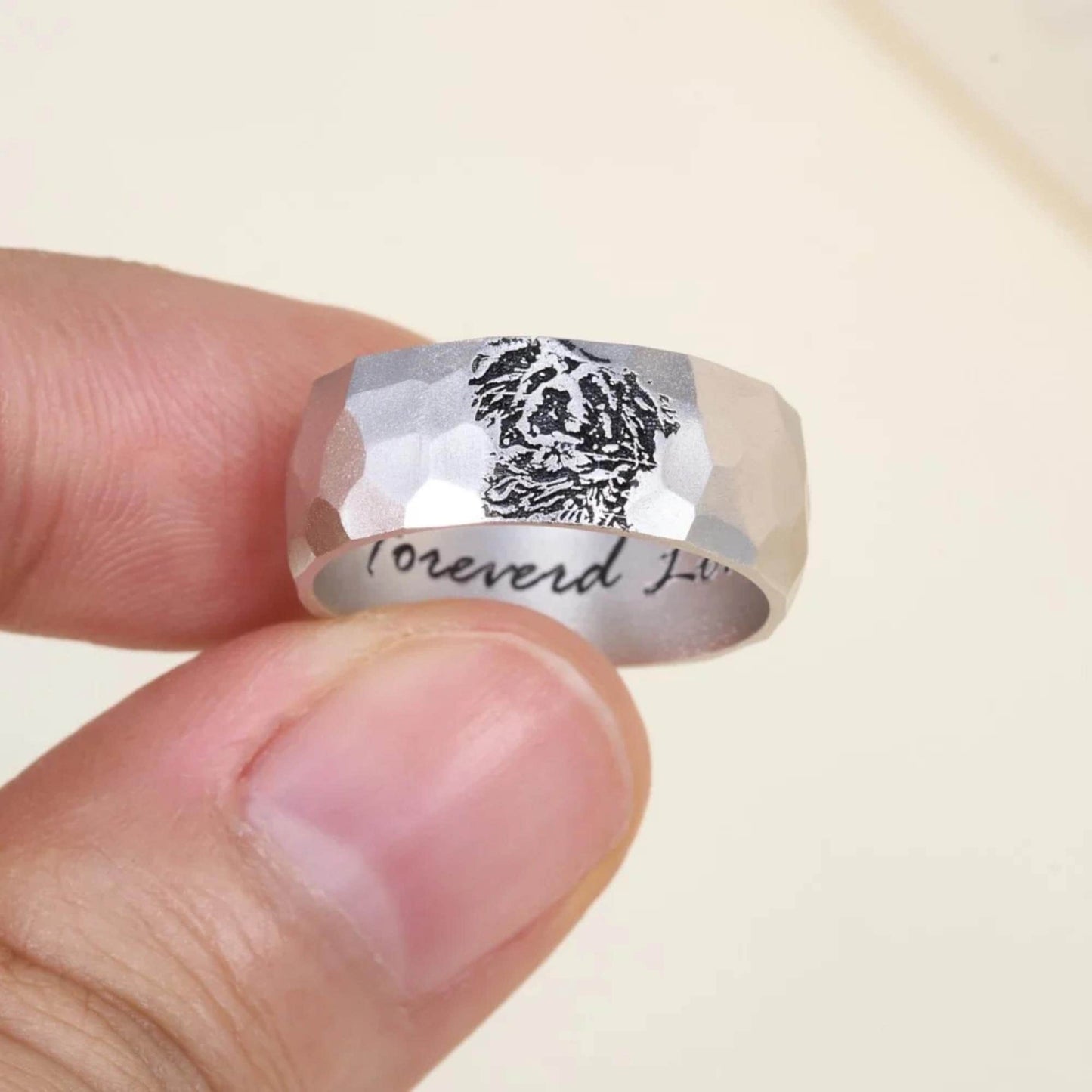 Custom Engraved Pet Portrait Hammered Ring with Inner Engraving