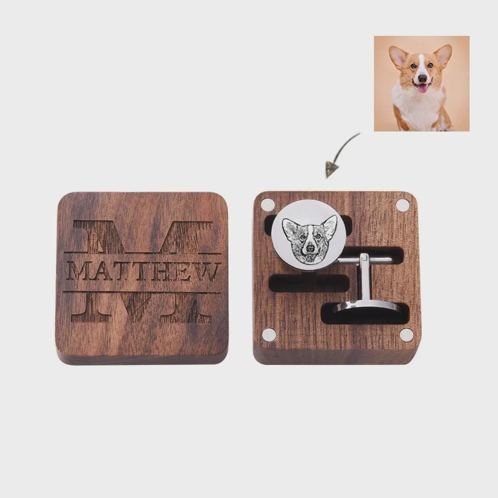 Custom Pet Portrait Cufflinks with Engraved Wooden Box