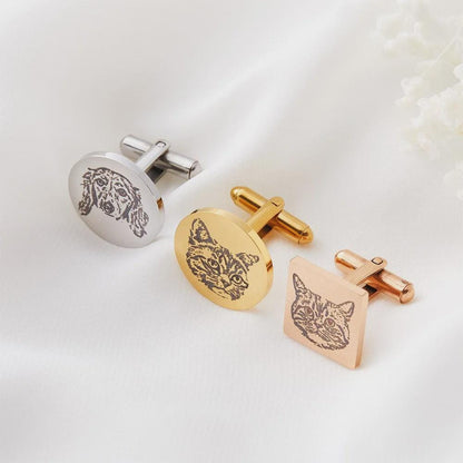 Custom Pet Portrait Cufflinks with Engraved Wooden Box