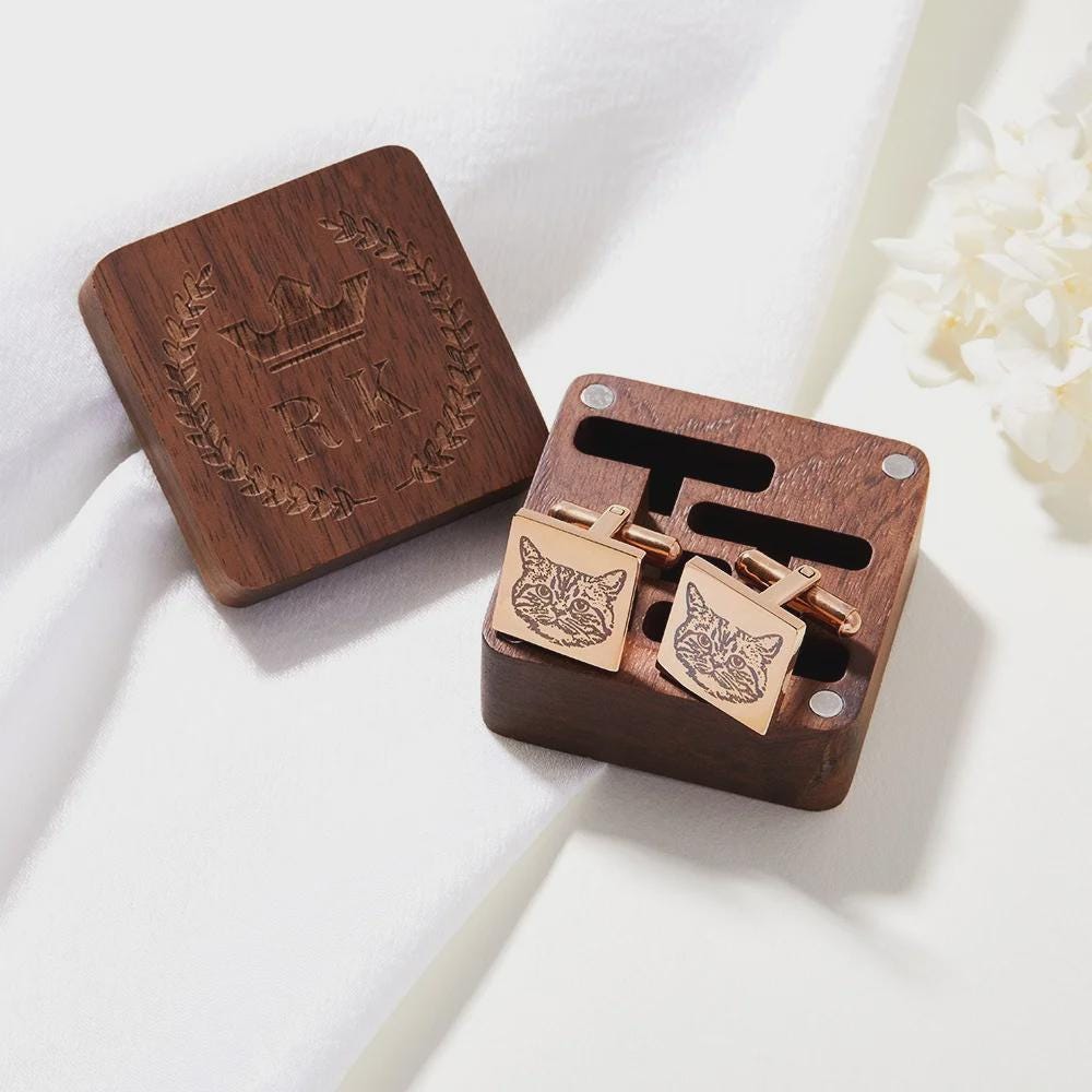 Custom Pet Portrait Cufflinks with Engraved Wooden Box