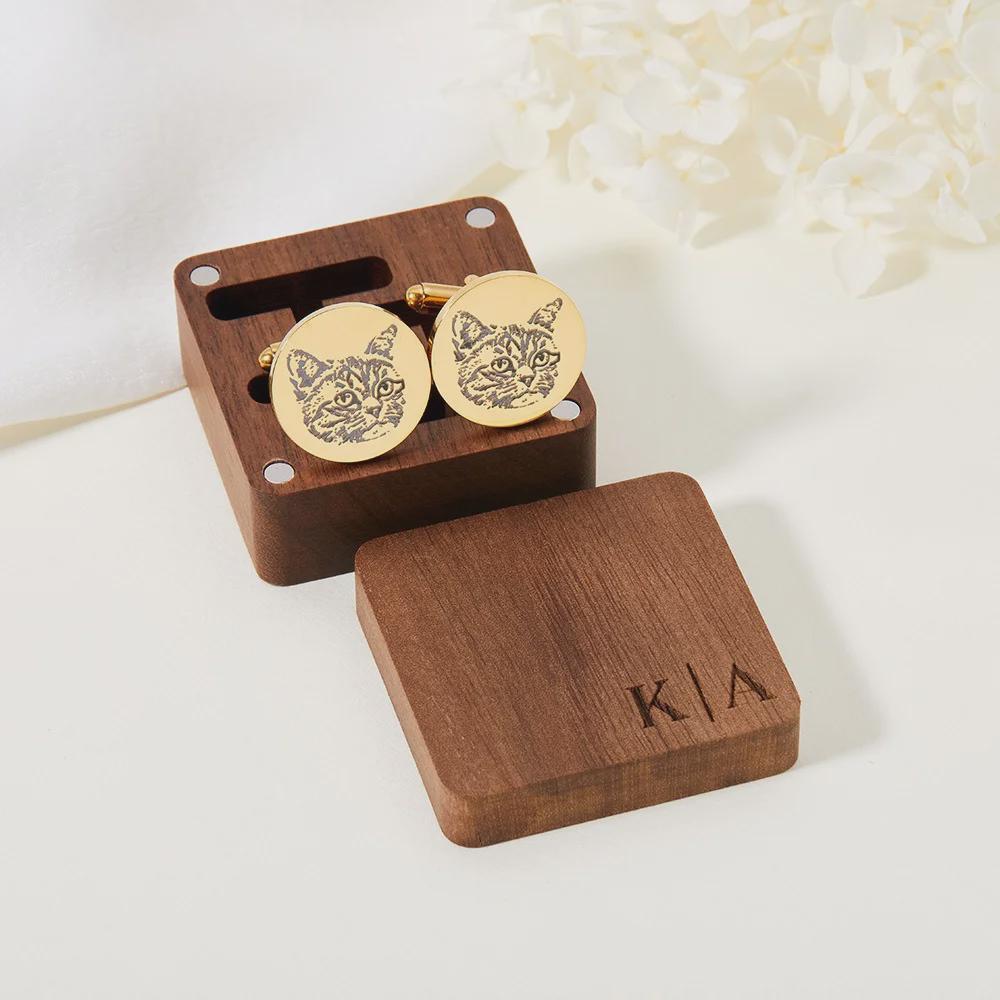 Custom Pet Portrait Cufflinks with Engraved Wooden Box