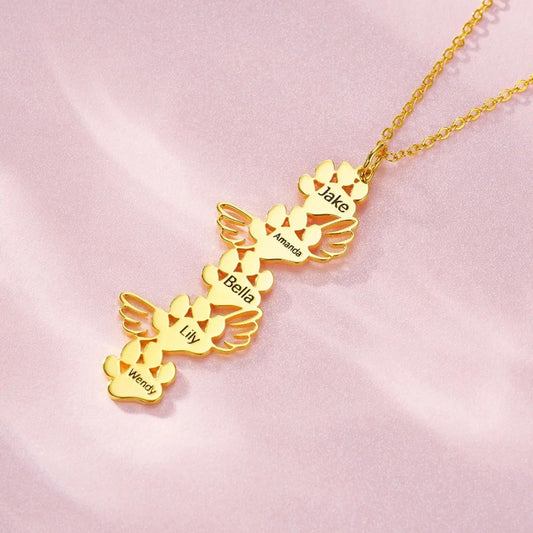Personalized Paw Print Necklace with Angel Wings