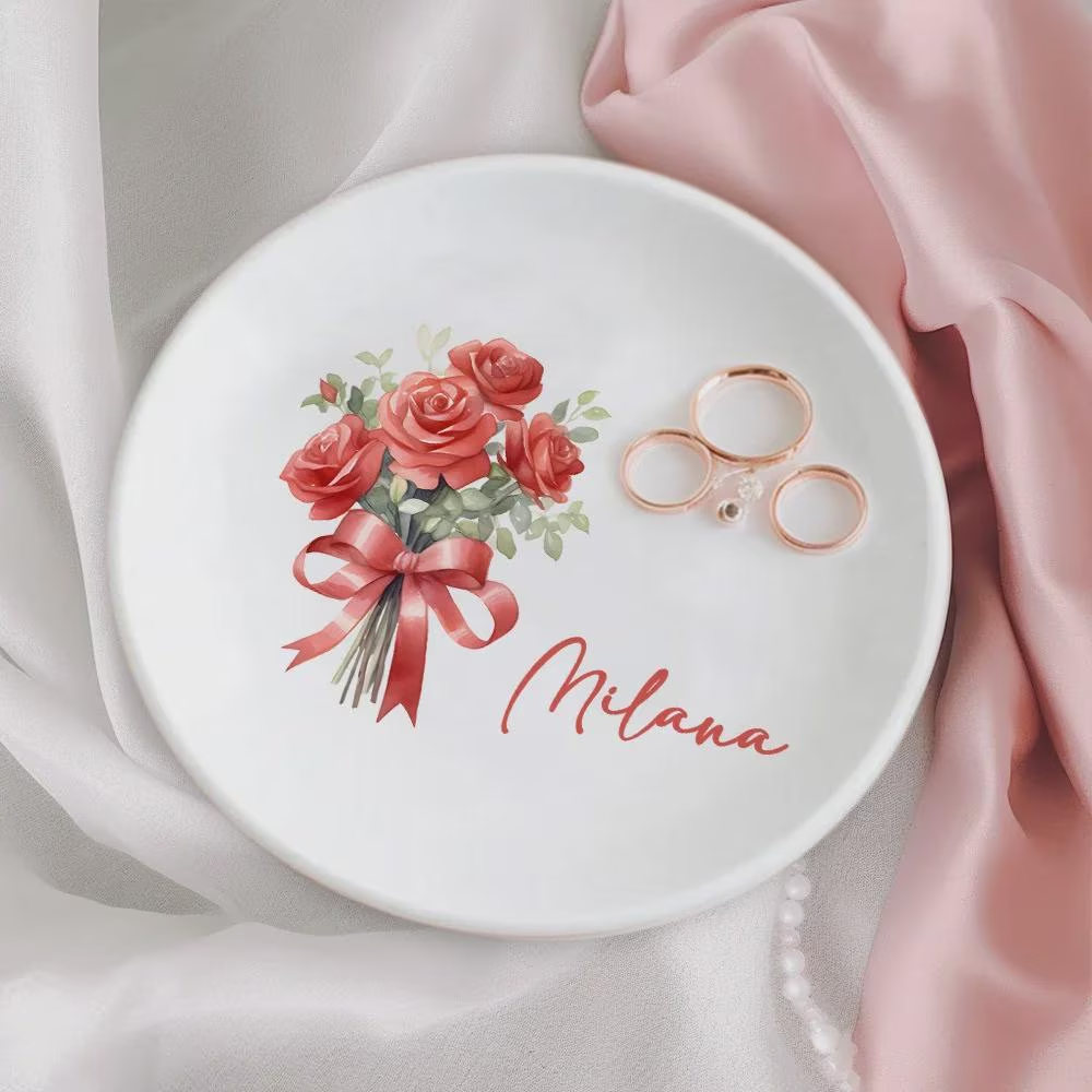 Personalized Birth Flower Ring Dish with Name