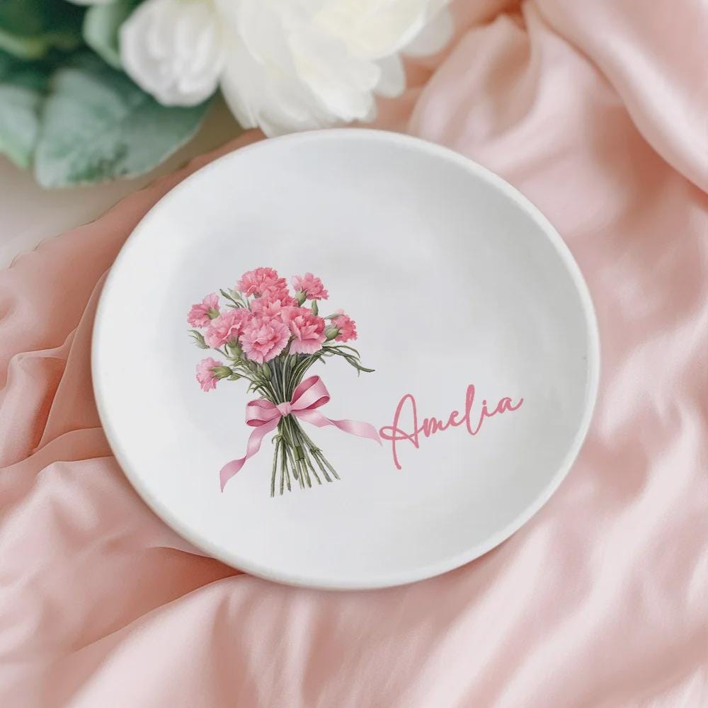 Personalized Birth Flower Ring Dish with Name