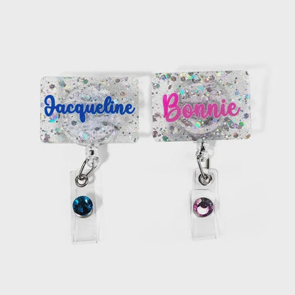 Personalized Glitter Badge Reel with Gemstone