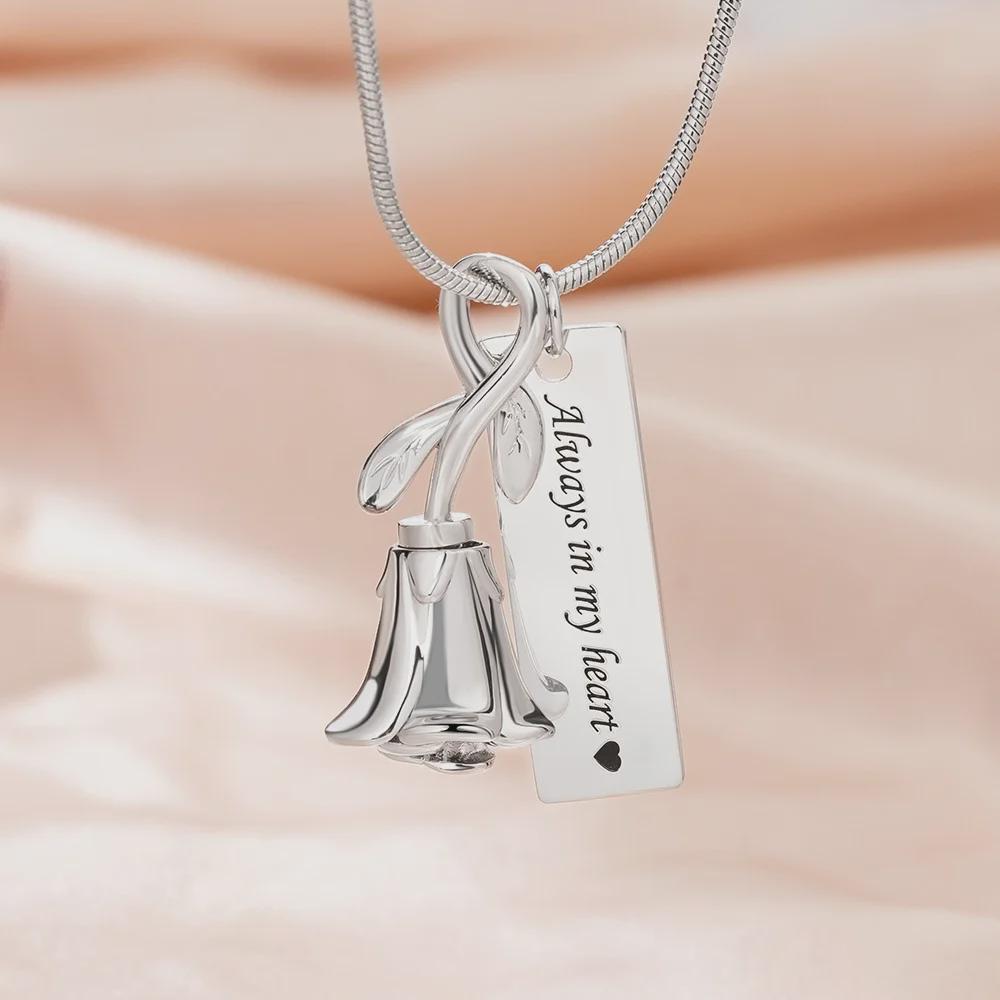 Personalized Rose Flower Urn Necklace with Engraved Text