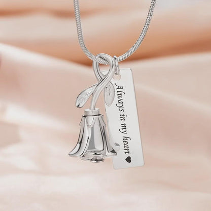 Personalized Rose Flower Urn Necklace with Engraved Text