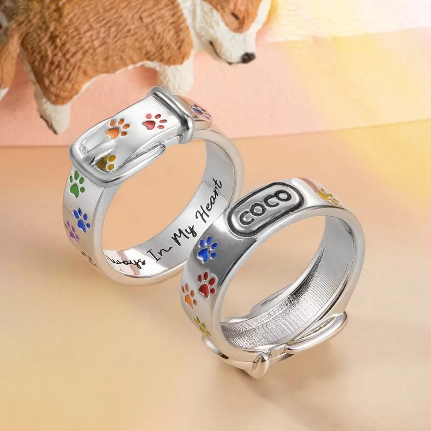 Custom Name Collar Ring with Rainbow Paw Print