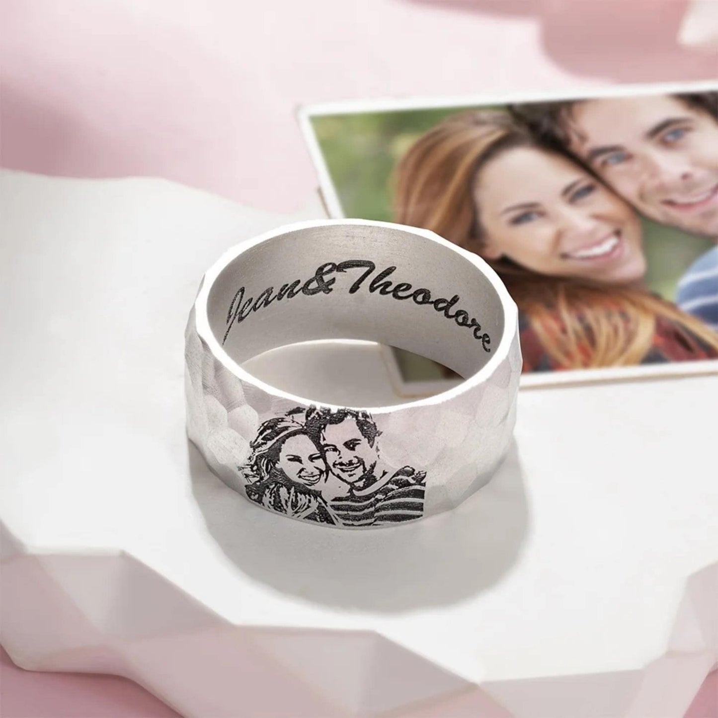 Custom Engraved Pet Portrait Hammered Ring with Inner Engraving