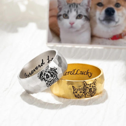 Custom Engraved Pet Portrait Hammered Ring with Inner Engraving