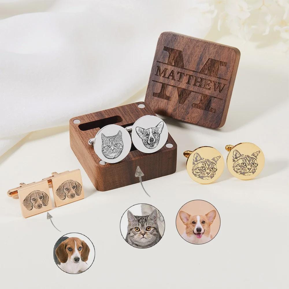 Custom Pet Portrait Cufflinks with Engraved Wooden Box