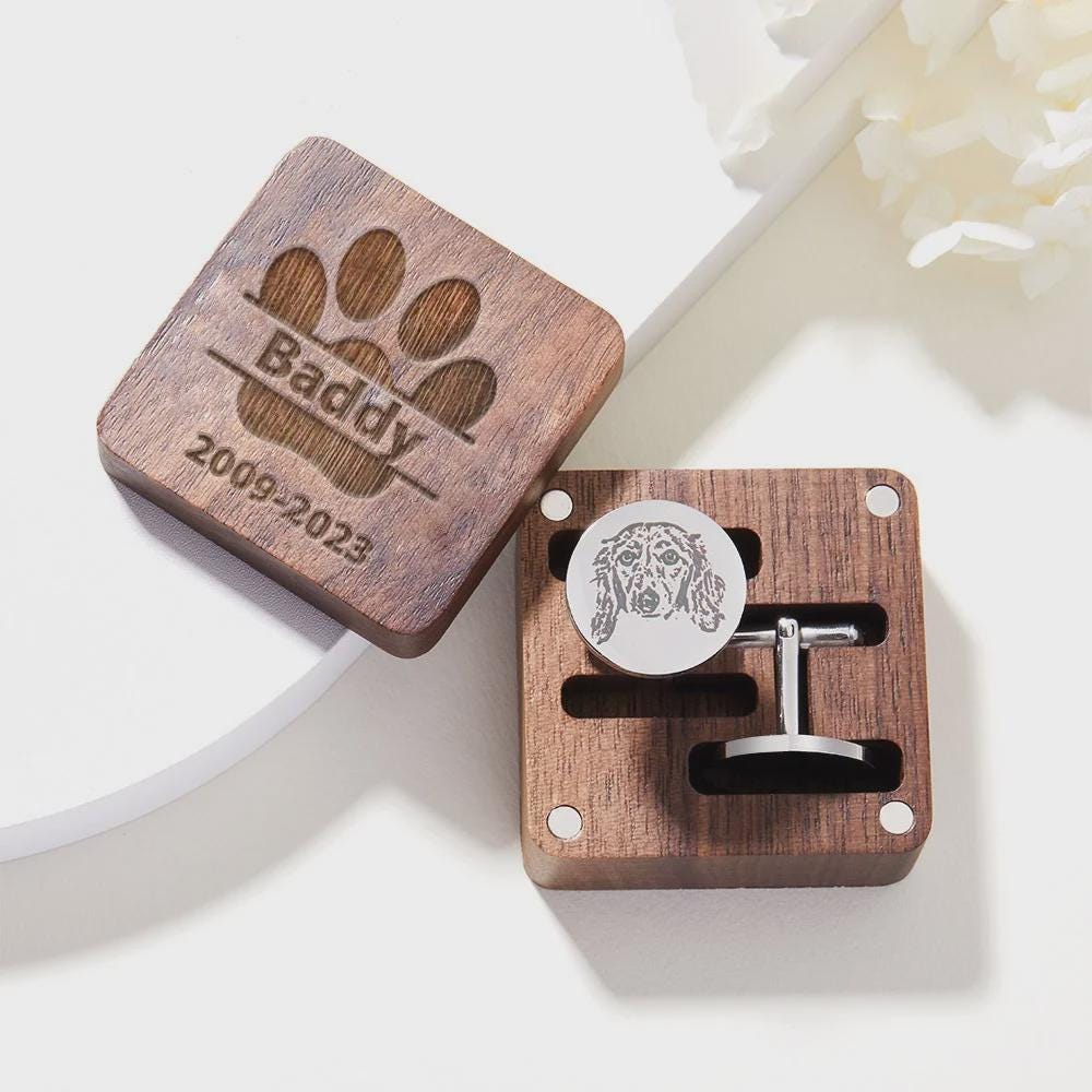 Custom Pet Portrait Cufflinks with Engraved Wooden Box