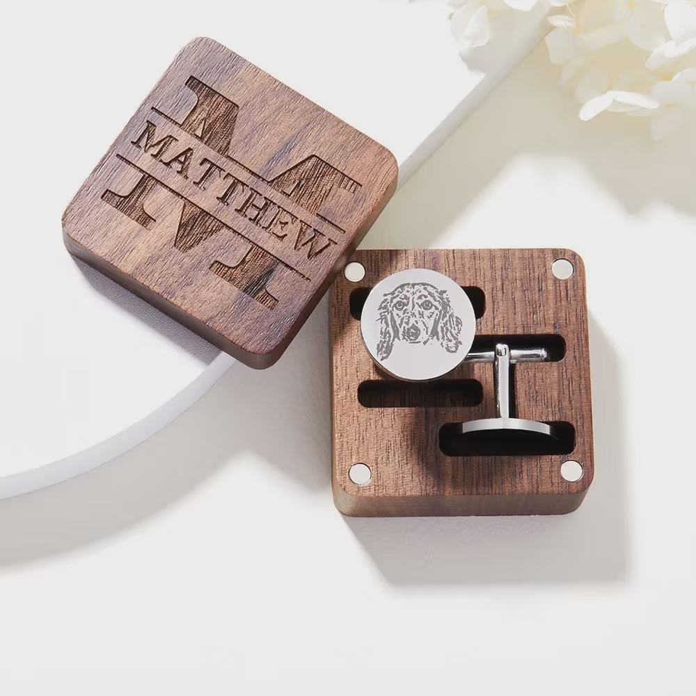 Custom Pet Portrait Cufflinks with Engraved Wooden Box