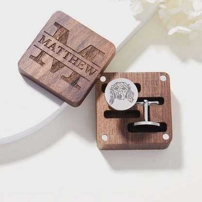 Custom Pet Portrait Cufflinks with Engraved Wooden Box