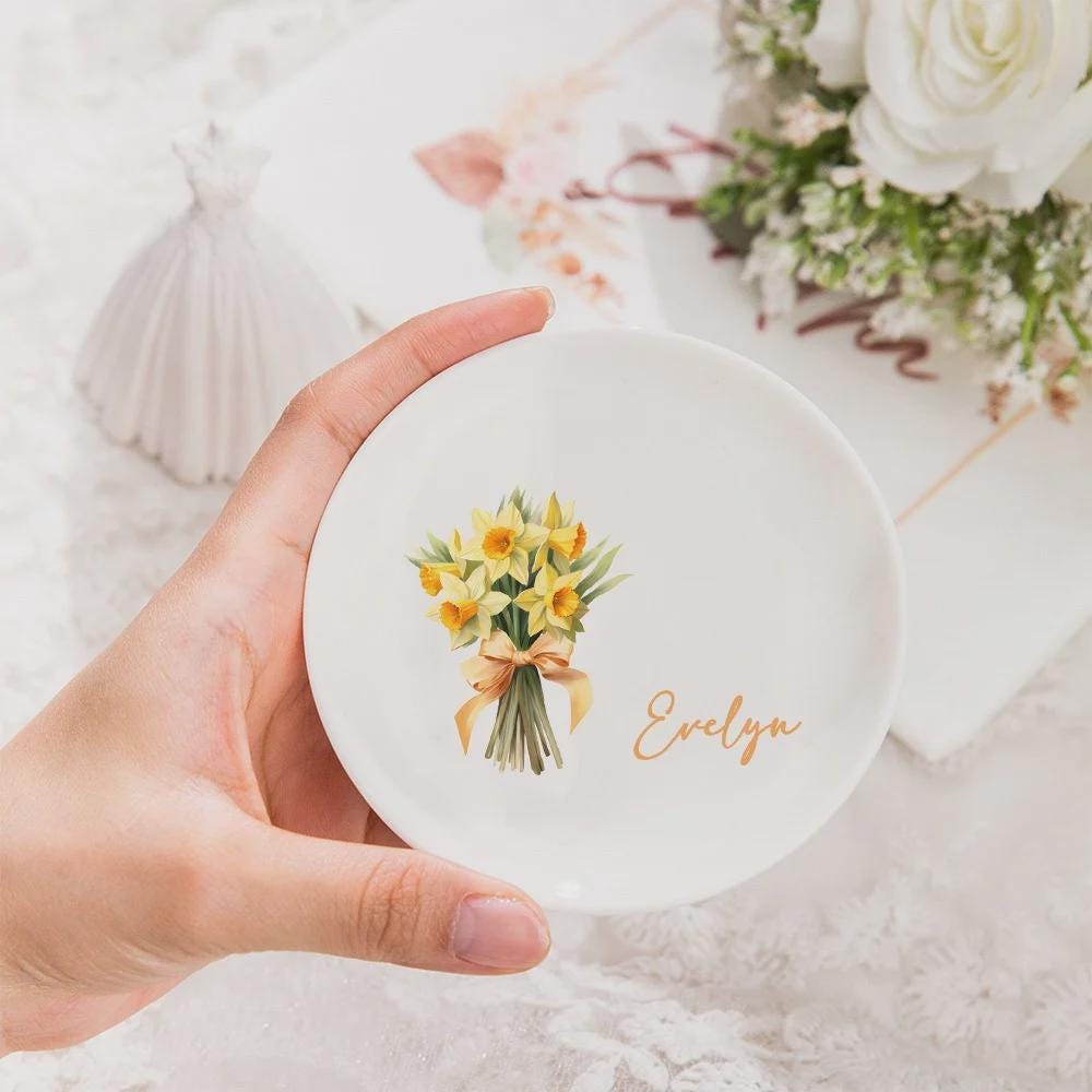 Personalized Birth Flower Ring Dish with Name