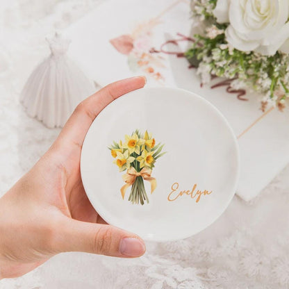 Personalized Birth Flower Ring Dish with Name