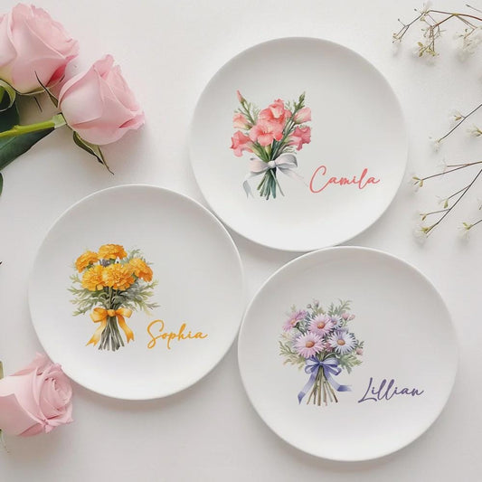 Personalized Birth Flower Ring Dish with Name
