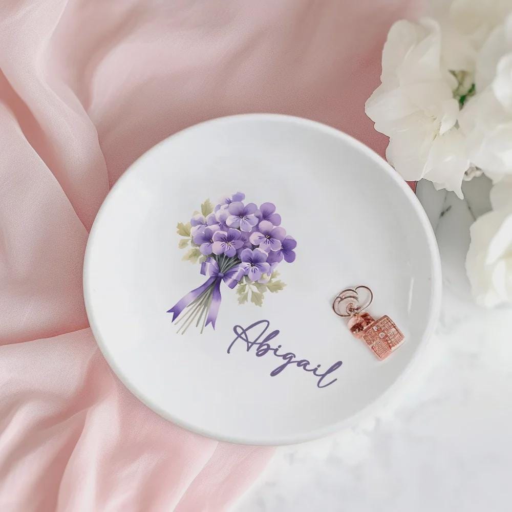 Personalized Birth Flower Ring Dish with Name