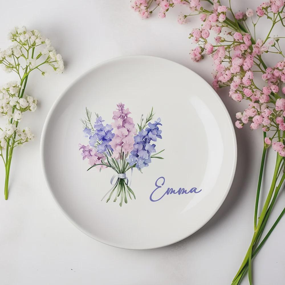 Personalized Birth Flower Ring Dish with Name