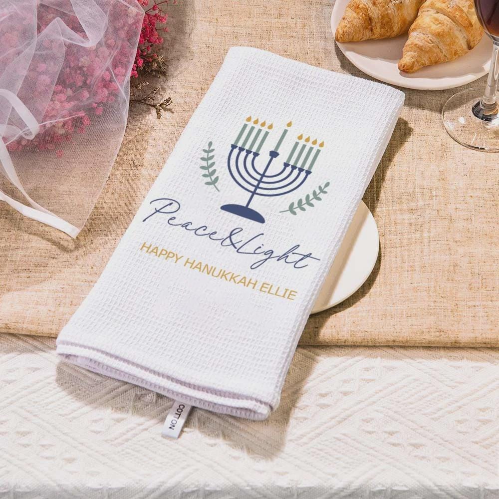 Personalized Name Menorah Waffle Weave Tea Towel
