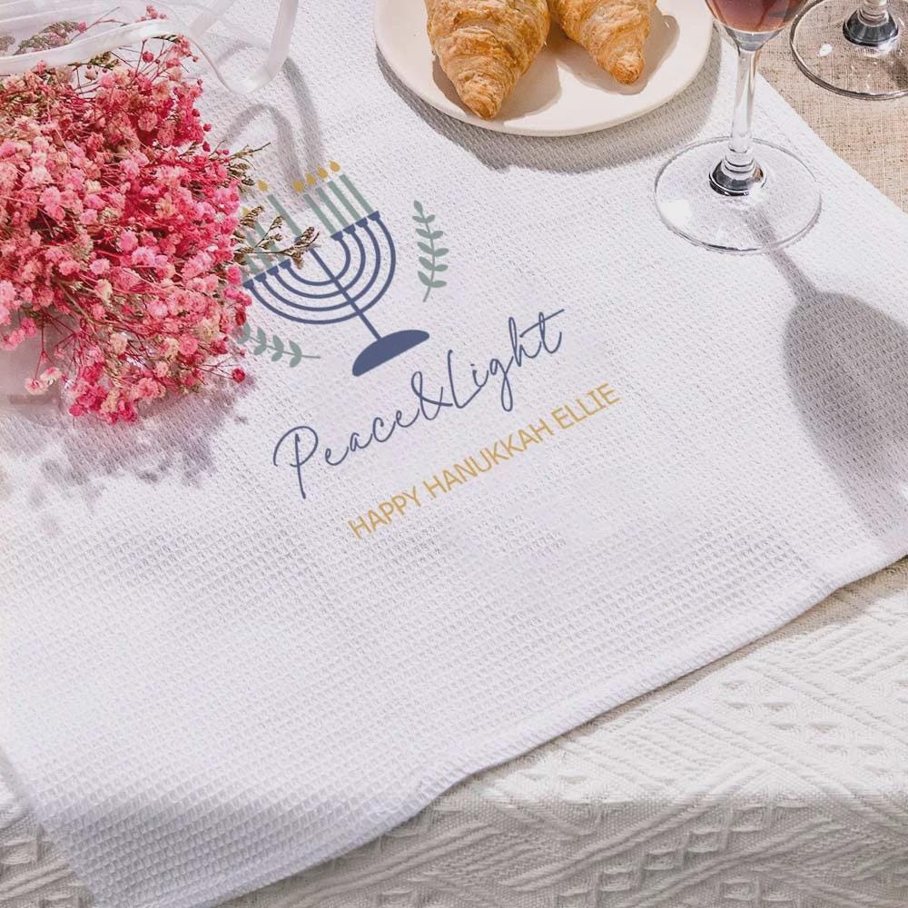 Personalized Name Menorah Waffle Weave Tea Towel