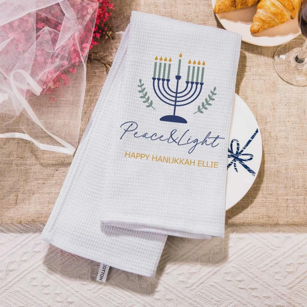 Personalized Name Menorah Waffle Weave Tea Towel