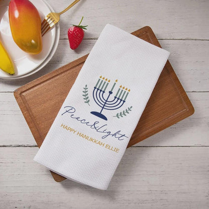 Personalized Name Menorah Waffle Weave Tea Towel