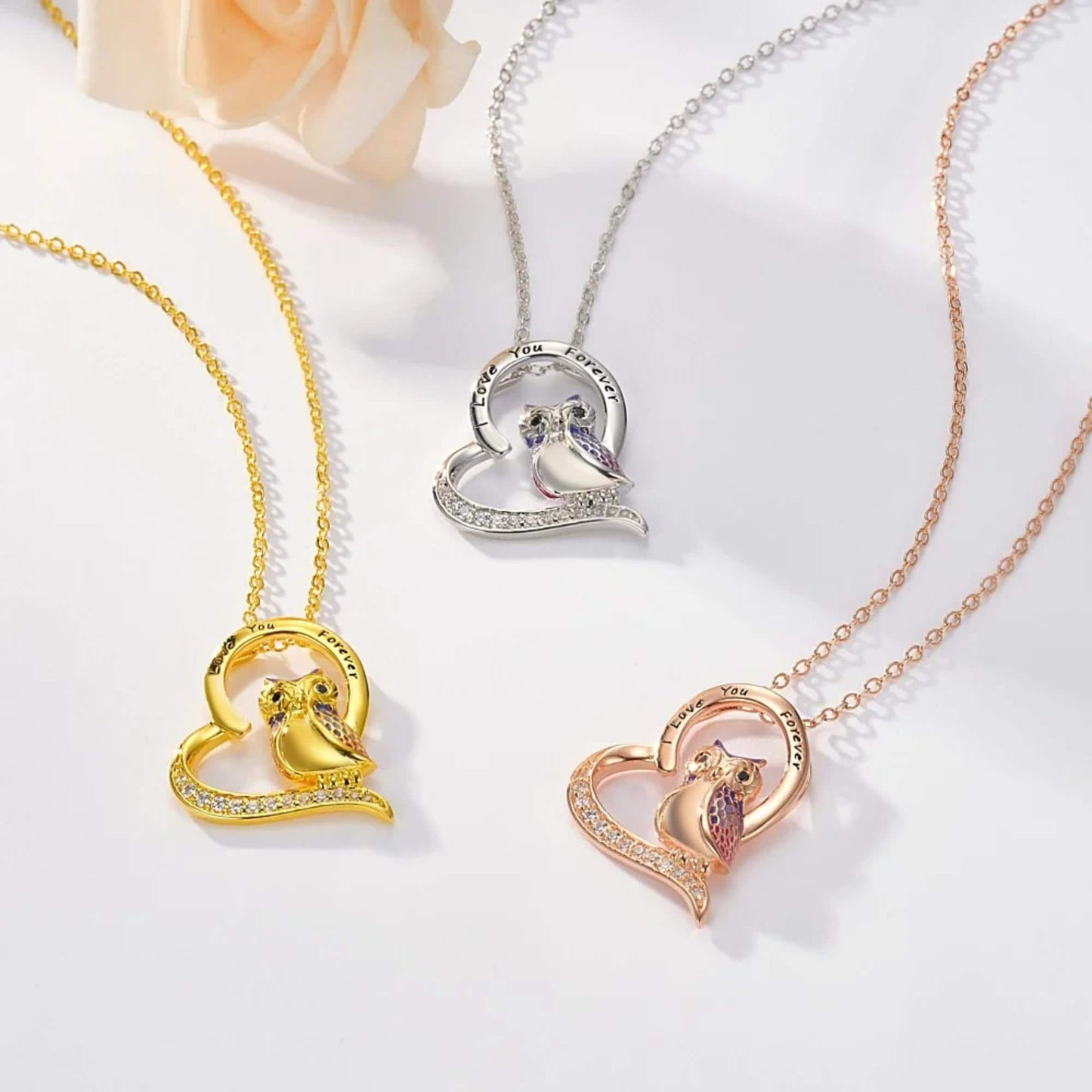 Engraved Owl Heart Necklace with Cubic Zirconia