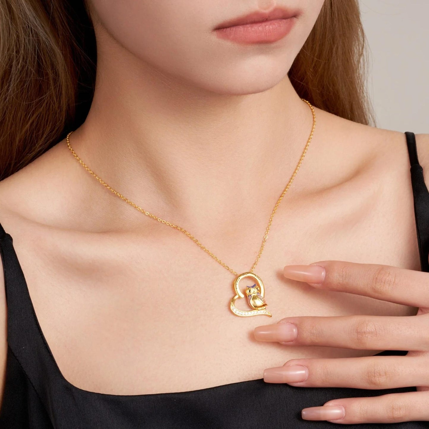 Engraved Owl Heart Necklace with Cubic Zirconia