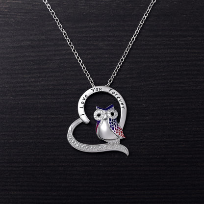 Engraved Owl Heart Necklace with Cubic Zirconia