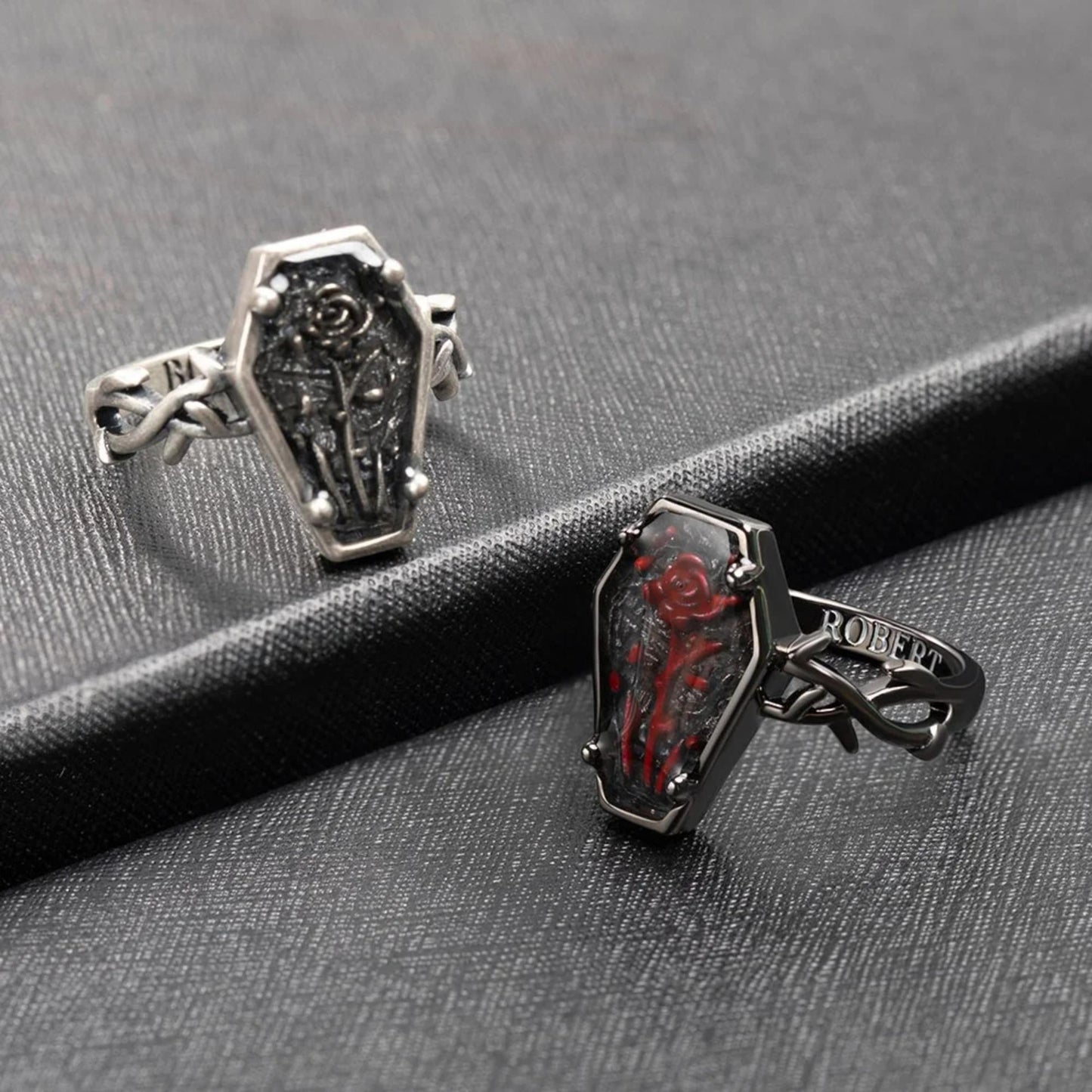 Personalized Gothic Coffin Vintage Rose Ring
