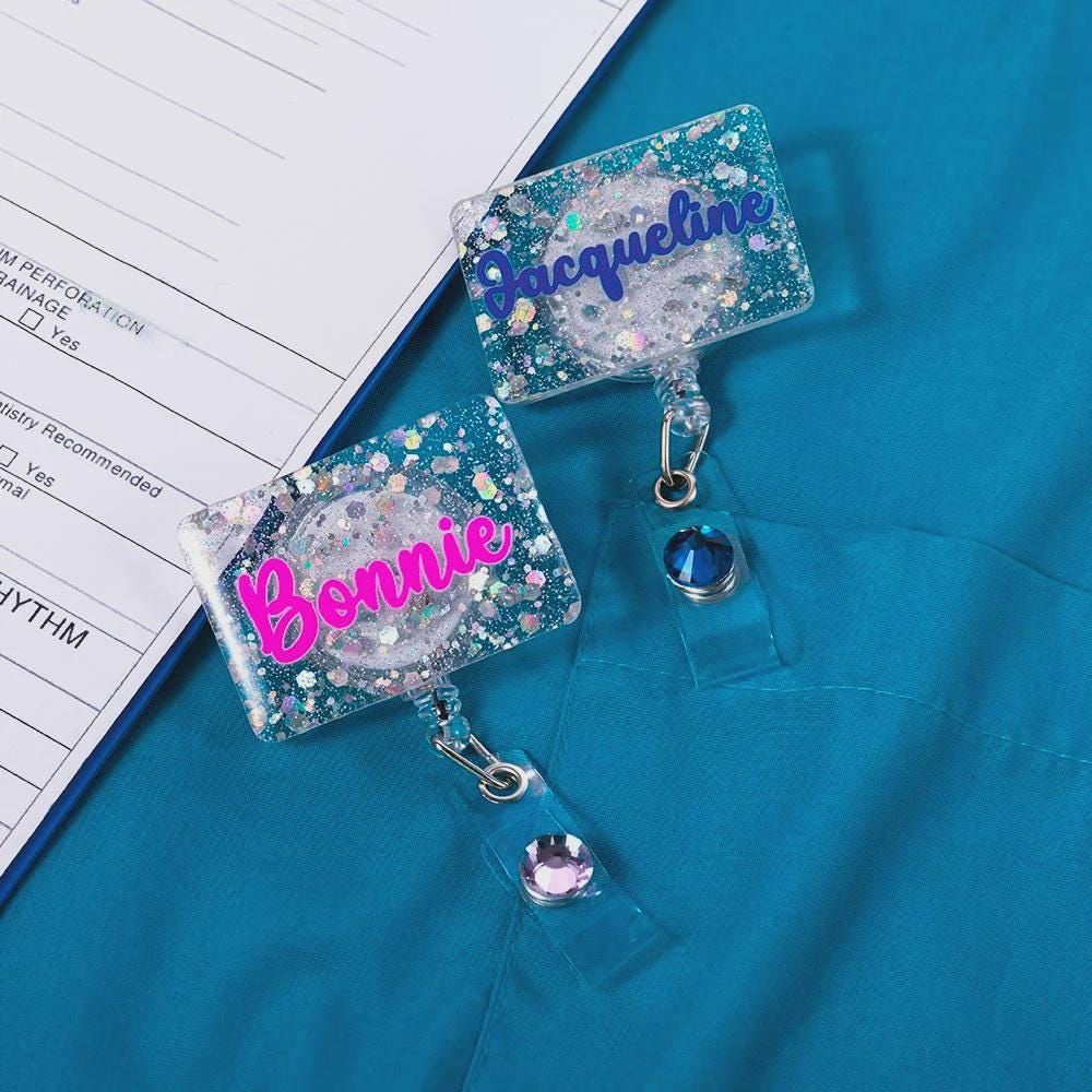 Personalized Glitter Badge Reel with Gemstone