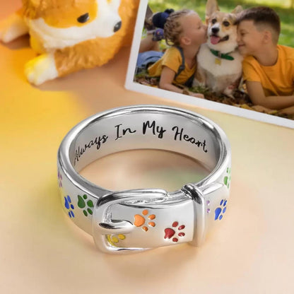 Custom Name Collar Ring with Rainbow Paw Print