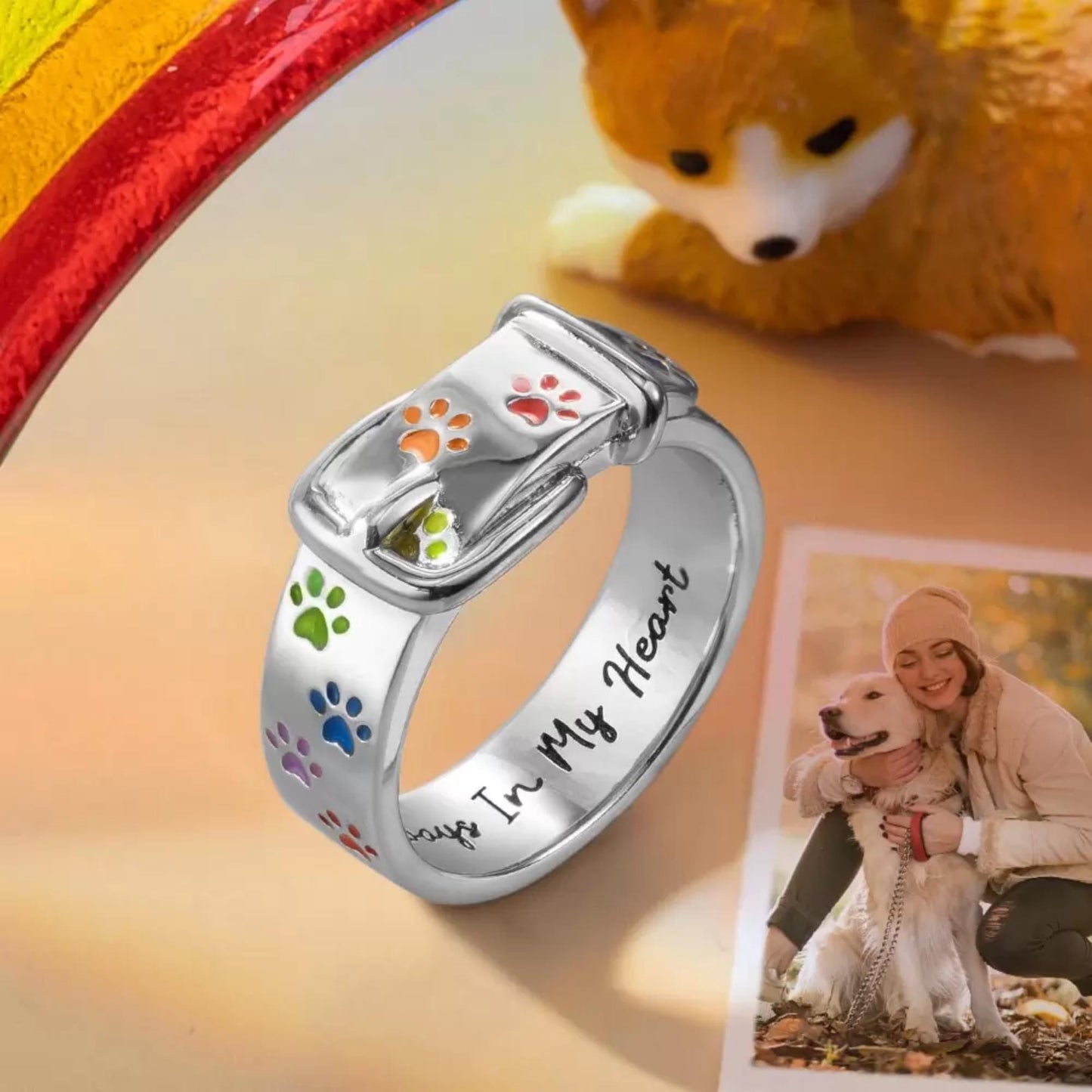 Custom Name Collar Ring with Rainbow Paw Print