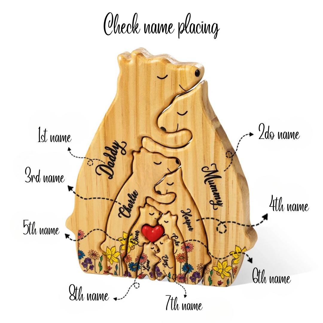 Wooden Bear Family Puzzle with 2-8 Names & Heart