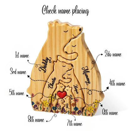 Wooden Bear Family Puzzle with 2-8 Names & Heart