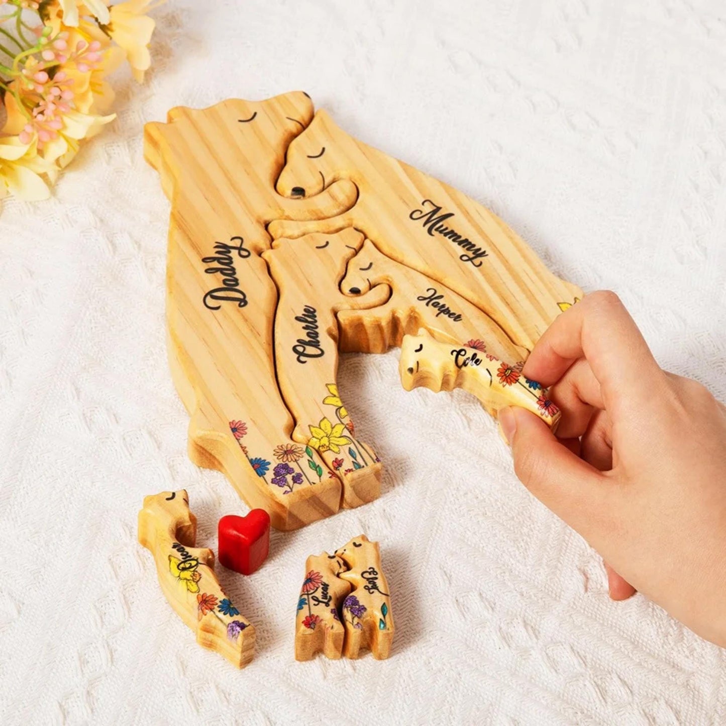 Wooden Bear Family Puzzle with 2-8 Names & Heart