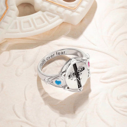 Engraved Cross Signet Ring with Birth Flowers & Birthstones