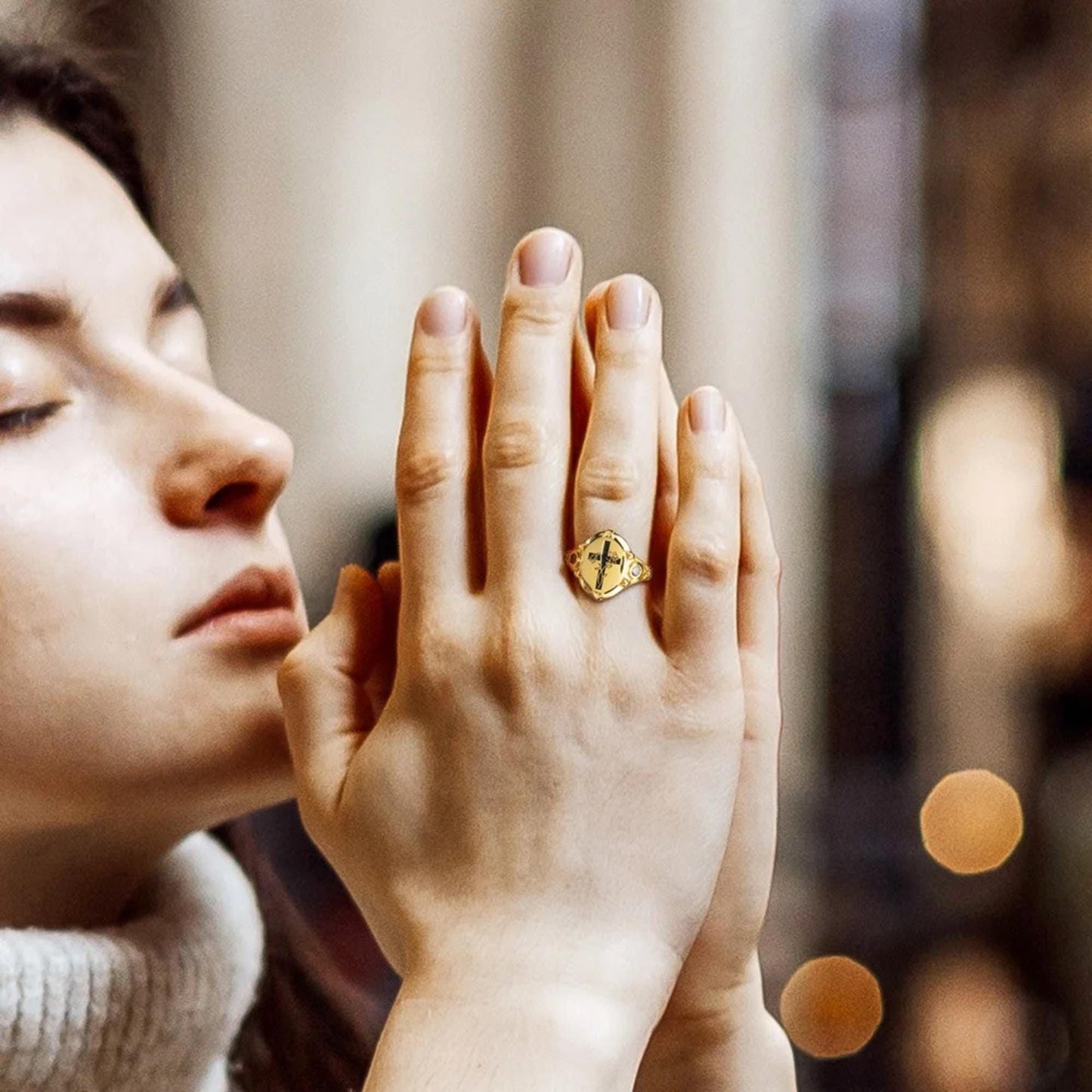 Engraved Cross Signet Ring with Birth Flowers & Birthstones