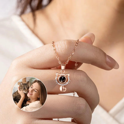 Photo Projection Cat Pendant Necklace with Cubic Zirconia
