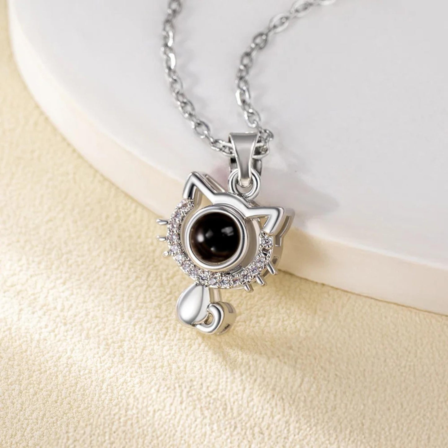 Photo Projection Cat Pendant Necklace with Cubic Zirconia