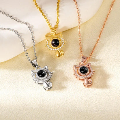 Photo Projection Cat Pendant Necklace with Cubic Zirconia