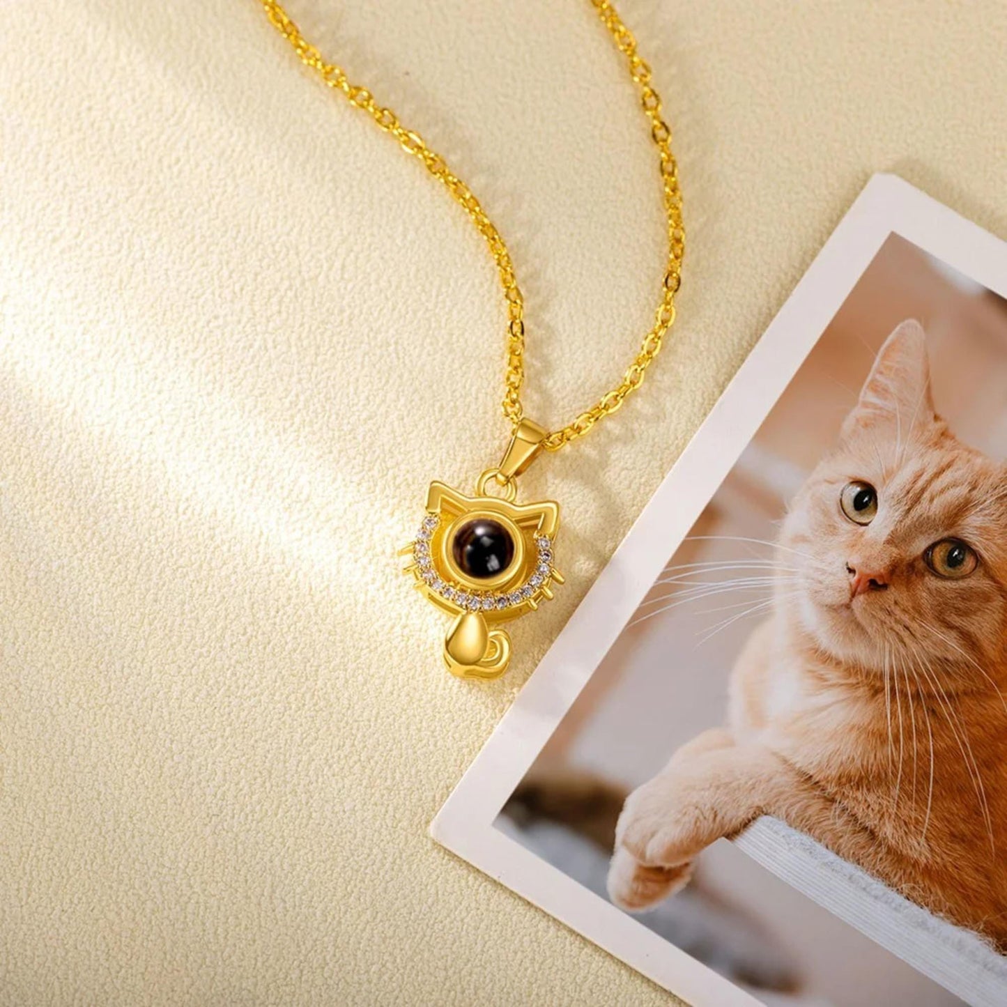 Photo Projection Cat Pendant Necklace with Cubic Zirconia
