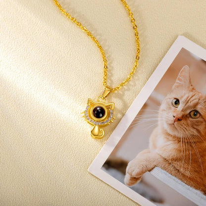 Photo Projection Cat Pendant Necklace with Cubic Zirconia