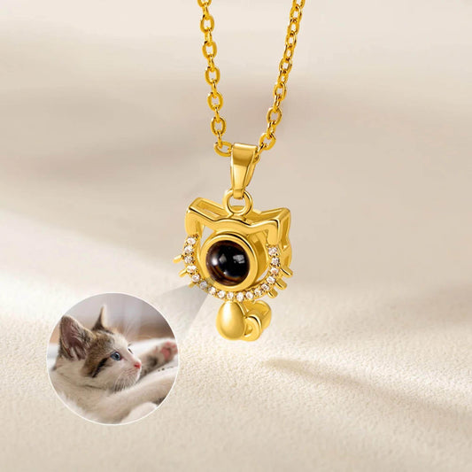 Photo Projection Cat Pendant Necklace with Cubic Zirconia