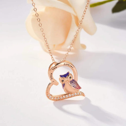 Engraved Owl Heart Necklace with Cubic Zirconia