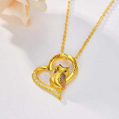 Engraved Owl Heart Necklace with Cubic Zirconia