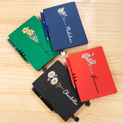 Name Birth Flower Vegan Leather Mini Travel Diary with Pen