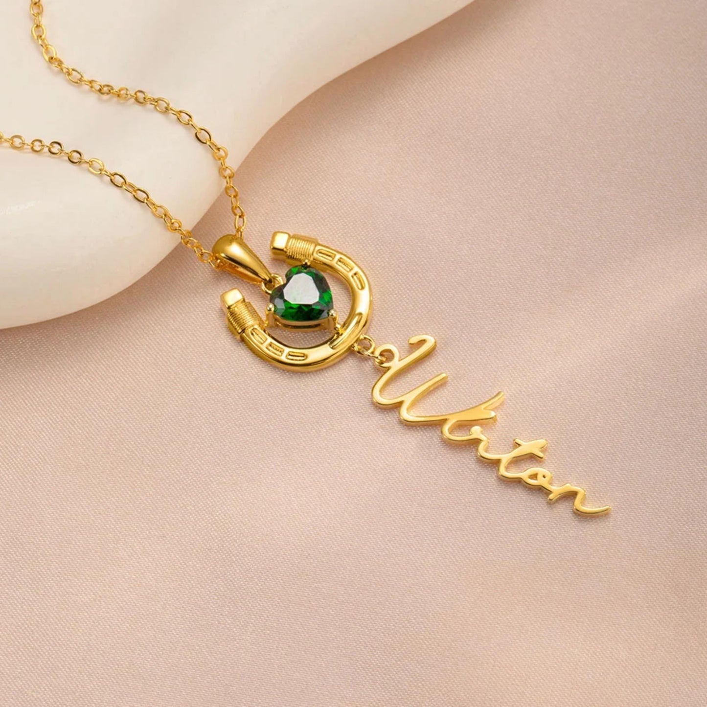 Name Horseshoe Necklace with Heart Birthstone