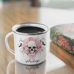 11oz Name Halloween Floral Skull Emaillebecher